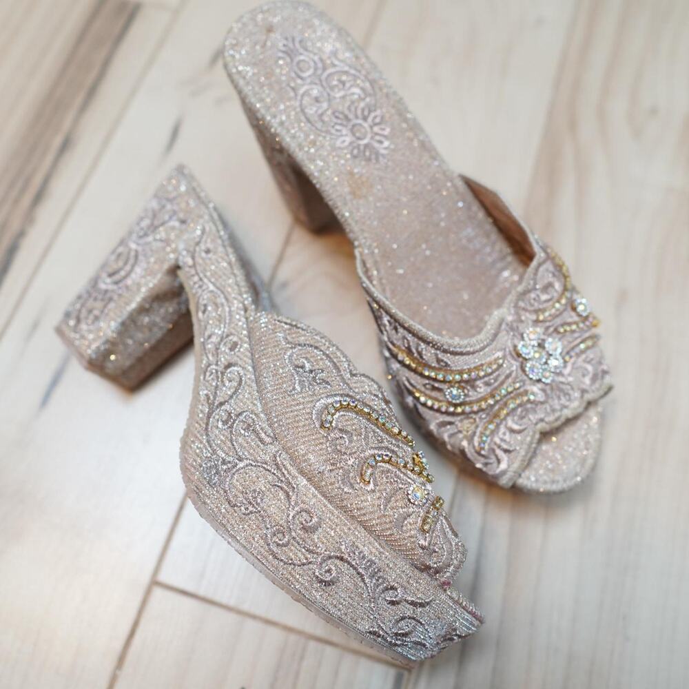 Sparkly Gold Embroidered Rhinestone Platform Mules EU 41